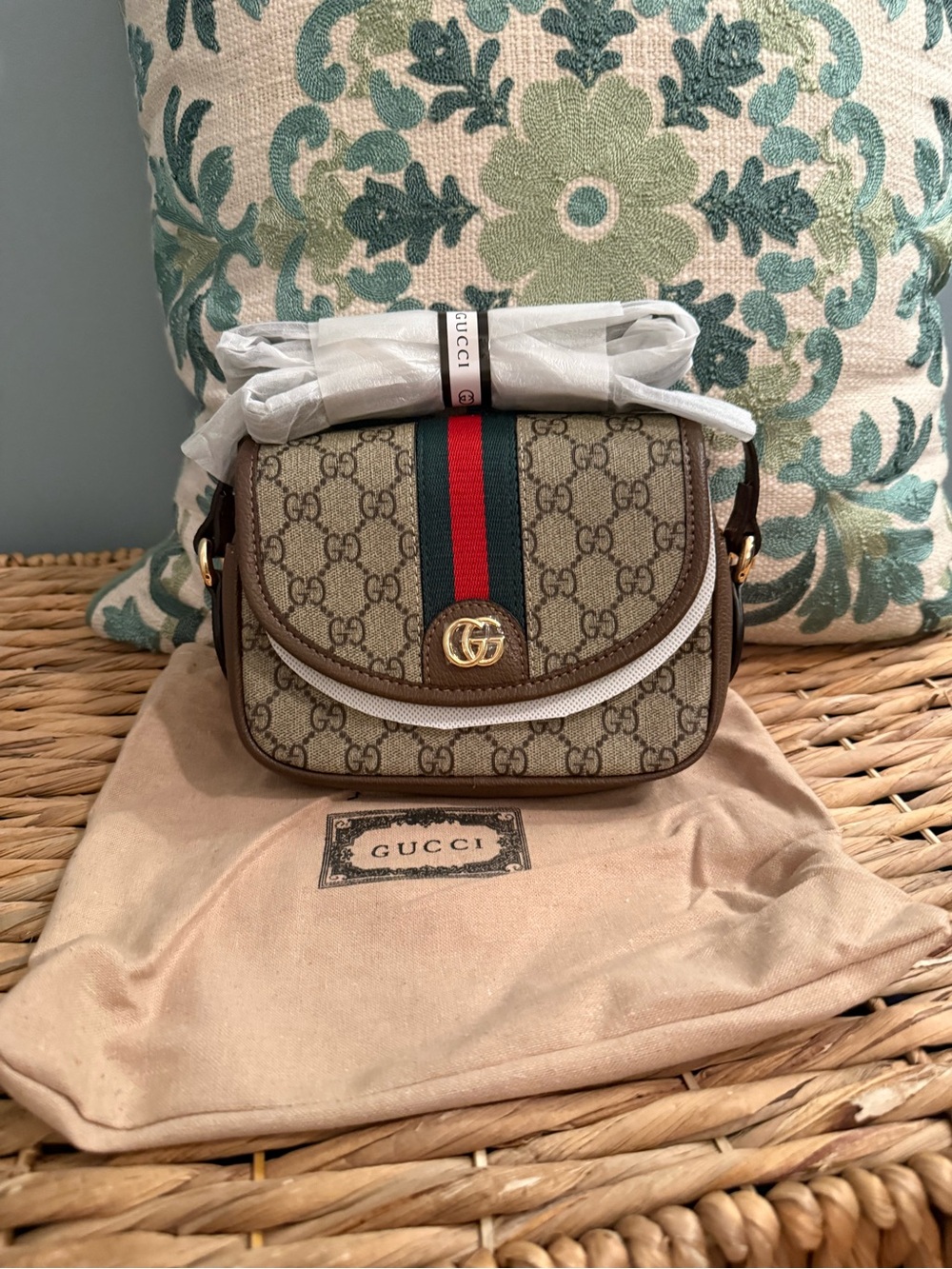 Beige GG Supreme Crossbody with Green-Red Web and Brown Trim